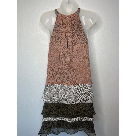 Ramy Brook Leomi Silk SZ L Animal Print Tiered Ruffle Lined Sleeveless Dress NEW - Picture 3 of 16